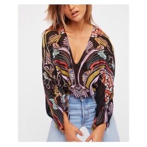 Free People Sheer Batwing Kimono Top Black Pink Art Nouveau Print V-Neck OS